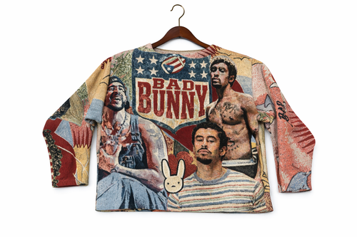 Bad Bunny Tapestry Sweater – Handmade Woven Hoodie | Made to Order